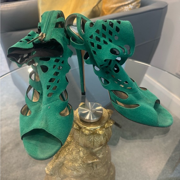 JIMMY CHOO Emerald Green Suede Laser Cut-Out Cage Stiletto  Jimmy Choo Emerald Cutout Heels